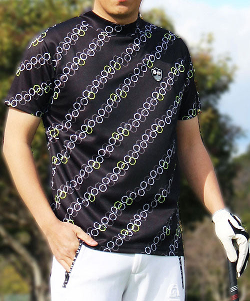 トップイズム TopIsm ゴルフウェア モックネックシャツ メンズ GIORNO SEVEN ジョルノセブン ハイネックTシャツ 半袖 トップス 総柄 ロゴ ストレッチ 吸湿速乾ドライ,12-ブラックチェーン