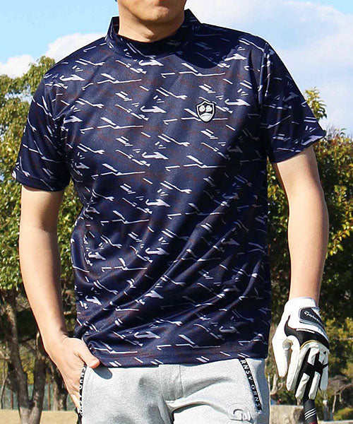 トップイズム TopIsm ゴルフウェア モックネックシャツ メンズ GIORNO SEVEN ジョルノセブン ハイネックTシャツ 半袖 トップス 総柄 ロゴ ストレッチ 吸湿速乾ドライ,4-ネイビー幾何学
