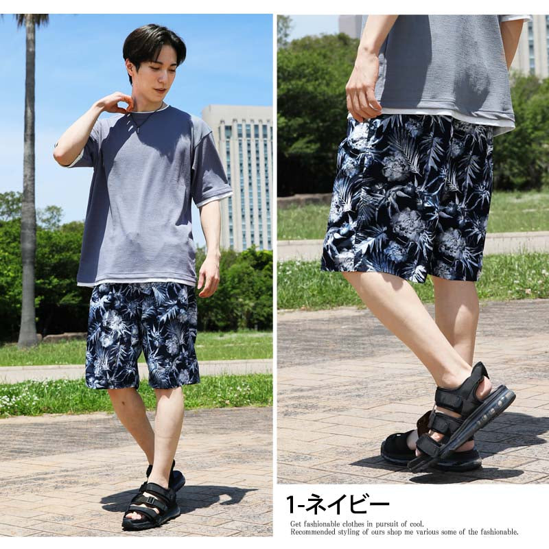 トップイズム TopIsm 水着 メンズ サーフパンツ 水陸両用 インナーパンツ付 海パン 海水パンツ 総柄 ボタニカル柄 スイムウェア 水泳 スポーツ 男性用 ショートパンツ キャンプ アウトドア 夏 （1-ネイビー） 1-ネイビー