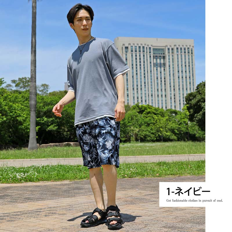 トップイズム TopIsm 水着 メンズ サーフパンツ 水陸両用 インナーパンツ付 海パン 海水パンツ 総柄 ボタニカル柄 スイムウェア 水泳 スポーツ 男性用 ショートパンツ キャンプ アウトドア 夏 （1-ネイビー） 1-ネイビー