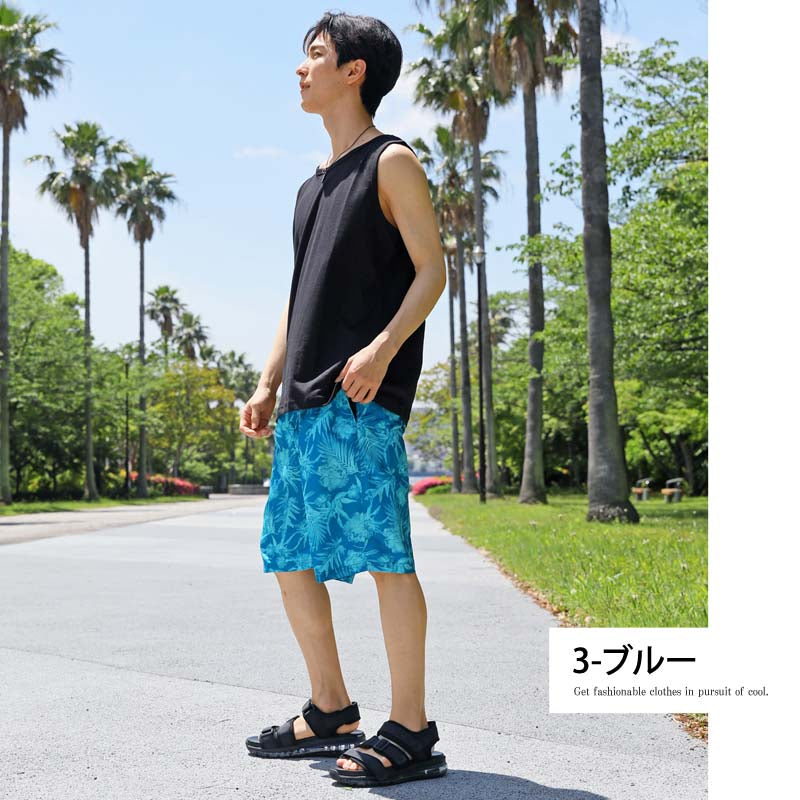 トップイズム TopIsm 水着 メンズ サーフパンツ 水陸両用 インナーパンツ付 海パン 海水パンツ 総柄 ボタニカル柄 スイムウェア 水泳 スポーツ 男性用 ショートパンツ キャンプ アウトドア 夏 （1-ネイビー） 1-ネイビー