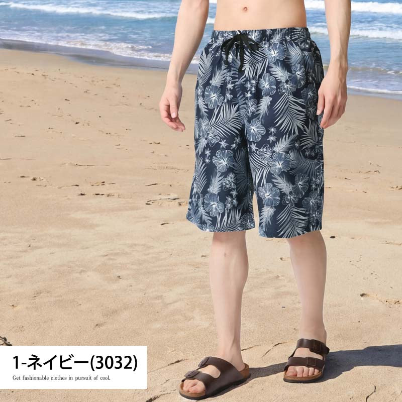 トップイズム TopIsm 水着 メンズ サーフパンツ 水陸両用 インナーパンツ付 海パン 海水パンツ 総柄 ボタニカル柄 スイムウェア 水泳 スポーツ 男性用 ショートパンツ キャンプ アウトドア 夏 （1-ネイビー） 1-ネイビー