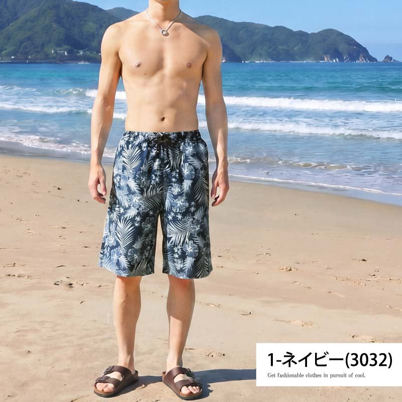 トップイズム TopIsm 水着 メンズ サーフパンツ 水陸両用 インナーパンツ付 海パン 海水パンツ 総柄 ボタニカル柄 スイムウェア 水泳 スポーツ 男性用 ショートパンツ キャンプ アウトドア 夏 （1-ネイビー） 1-ネイビー