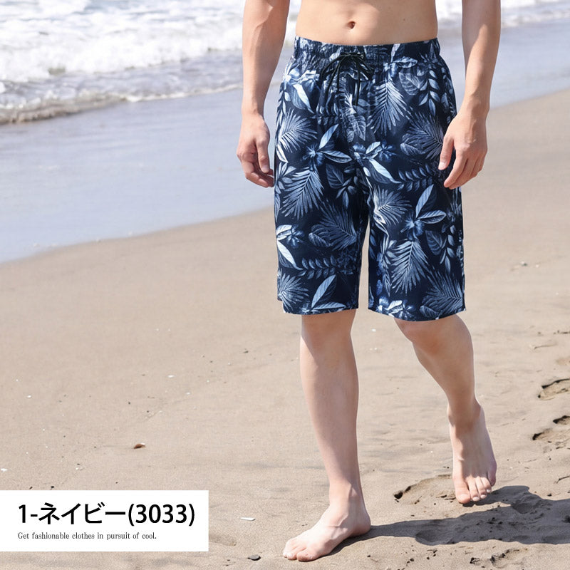 トップイズム TopIsm 水着 メンズ サーフパンツ 水陸両用 インナーパンツ付 海パン 海水パンツ 総柄 ボタニカル柄 スイムウェア 水泳 スポーツ 男性用 ショートパンツ キャンプ アウトドア 夏 （1-ネイビー） 1-ネイビー