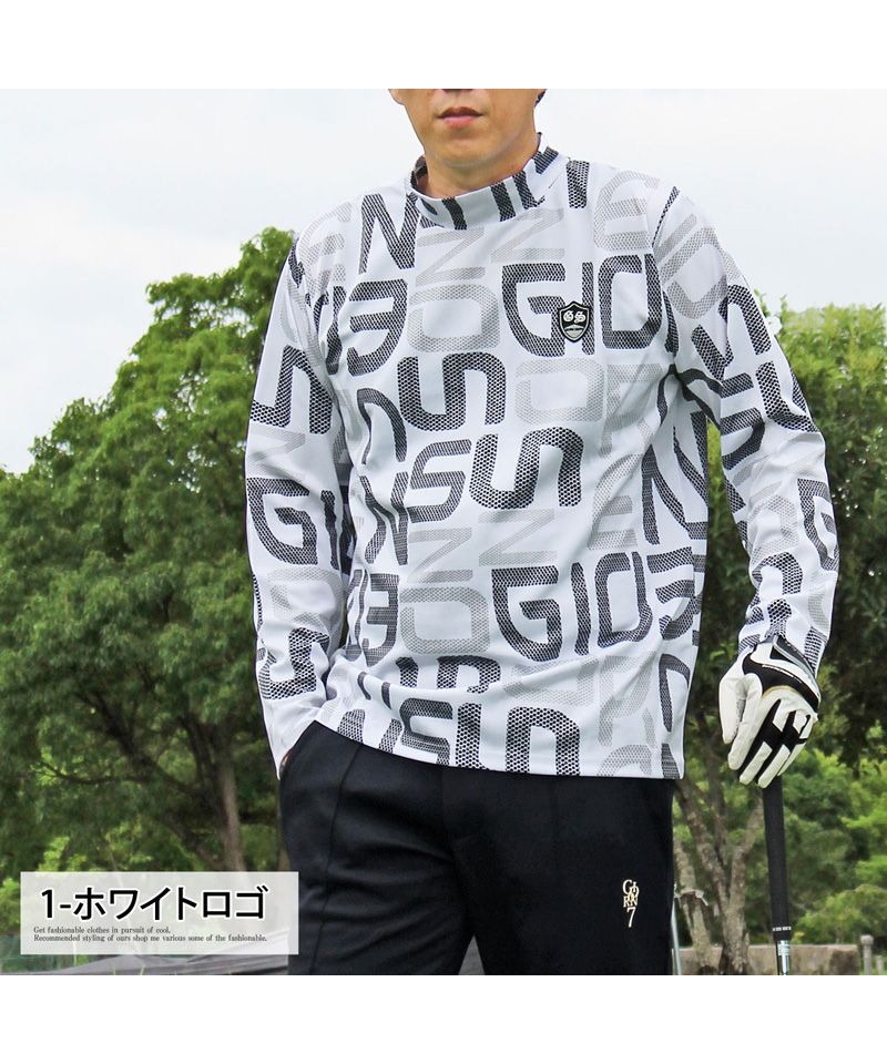 トップイズム TopIsm ゴルフウェア モックネックシャツ メンズ GIORNO SEVEN ジョルノセブン ハイネックTシャツ 長袖 総柄 ロゴ ストレッチ 吸湿速乾ドライ 春夏 秋冬