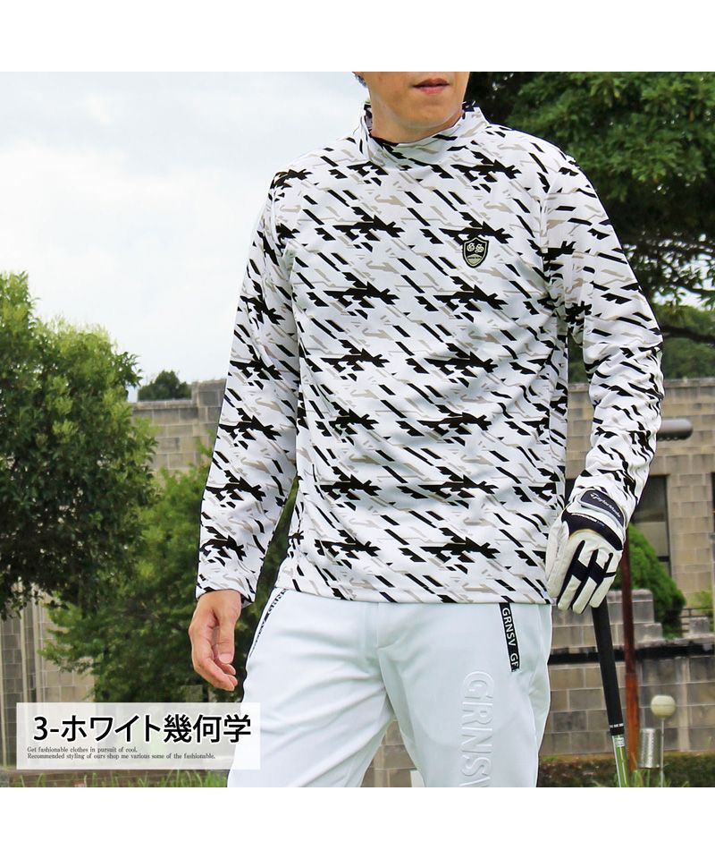 トップイズム TopIsm ゴルフウェア モックネックシャツ メンズ GIORNO SEVEN ジョルノセブン ハイネックTシャツ 長袖 総柄 ロゴ ストレッチ 吸湿速乾ドライ 春夏 秋冬
