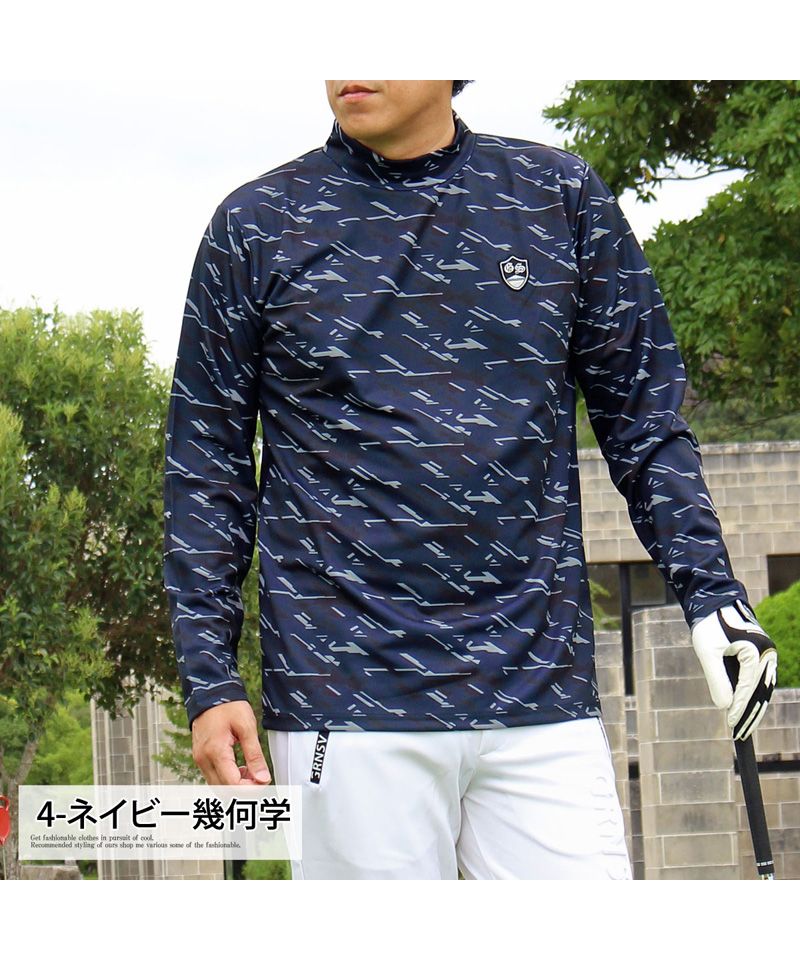 トップイズム TopIsm ゴルフウェア モックネックシャツ メンズ GIORNO SEVEN ジョルノセブン ハイネックTシャツ 長袖 総柄 ロゴ ストレッチ 吸湿速乾ドライ 春夏 秋冬