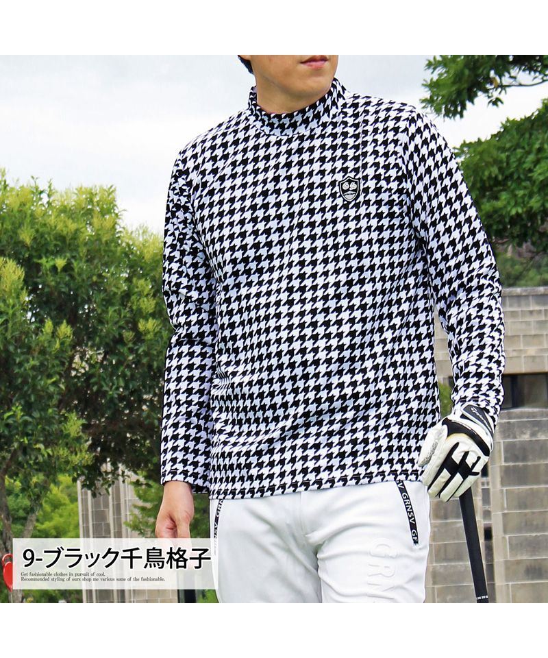 トップイズム TopIsm ゴルフウェア モックネックシャツ メンズ GIORNO SEVEN ジョルノセブン ハイネックTシャツ 長袖 総柄 ロゴ ストレッチ 吸湿速乾ドライ 春夏 秋冬