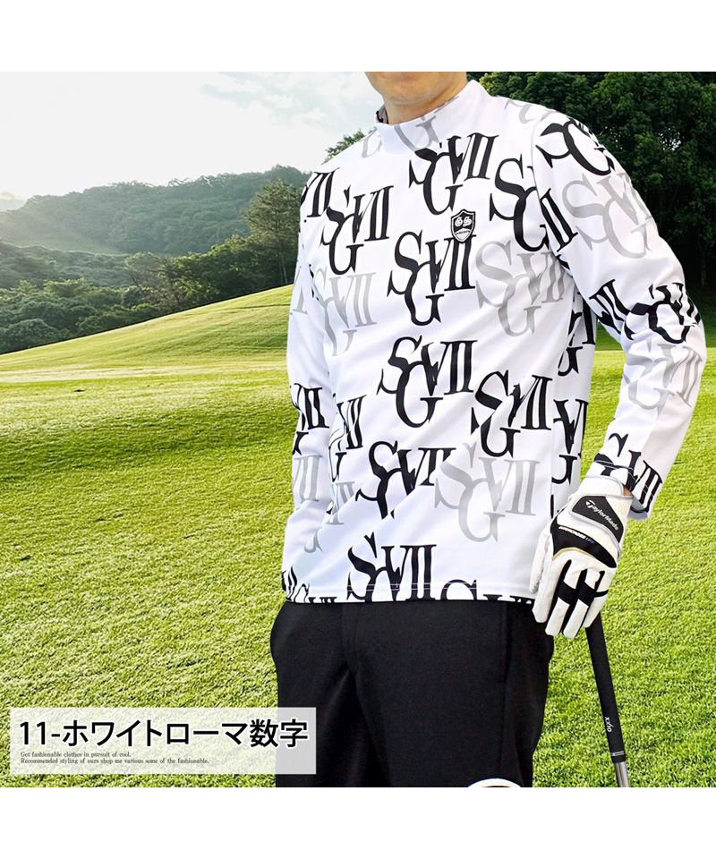 トップイズム TopIsm ゴルフウェア モックネックシャツ メンズ GIORNO SEVEN ジョルノセブン ハイネックTシャツ 長袖 総柄 ロゴ ストレッチ 吸湿速乾ドライ 春夏 秋冬