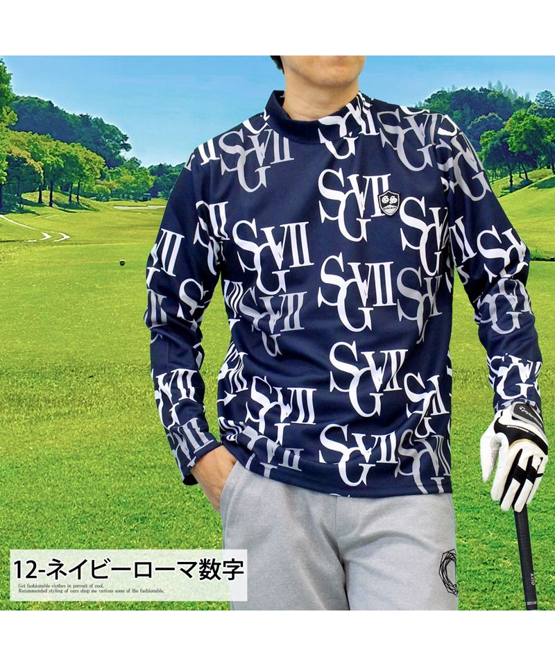 トップイズム TopIsm ゴルフウェア モックネックシャツ メンズ GIORNO SEVEN ジョルノセブン ハイネックTシャツ 長袖 総柄 ロゴ ストレッチ 吸湿速乾ドライ 春夏 秋冬