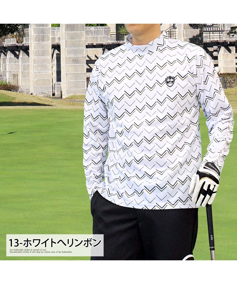 トップイズム TopIsm ゴルフウェア モックネックシャツ メンズ GIORNO SEVEN ジョルノセブン ハイネックTシャツ 長袖 総柄 ロゴ ストレッチ 吸湿速乾ドライ 春夏 秋冬