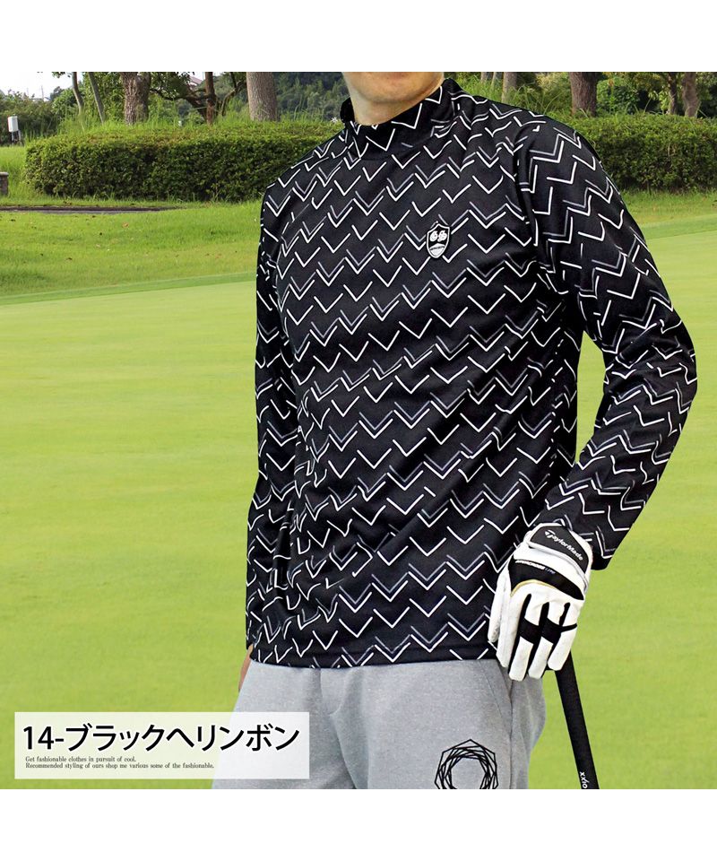 トップイズム TopIsm ゴルフウェア モックネックシャツ メンズ GIORNO SEVEN ジョルノセブン ハイネックTシャツ 長袖 総柄 ロゴ ストレッチ 吸湿速乾ドライ 春夏 秋冬