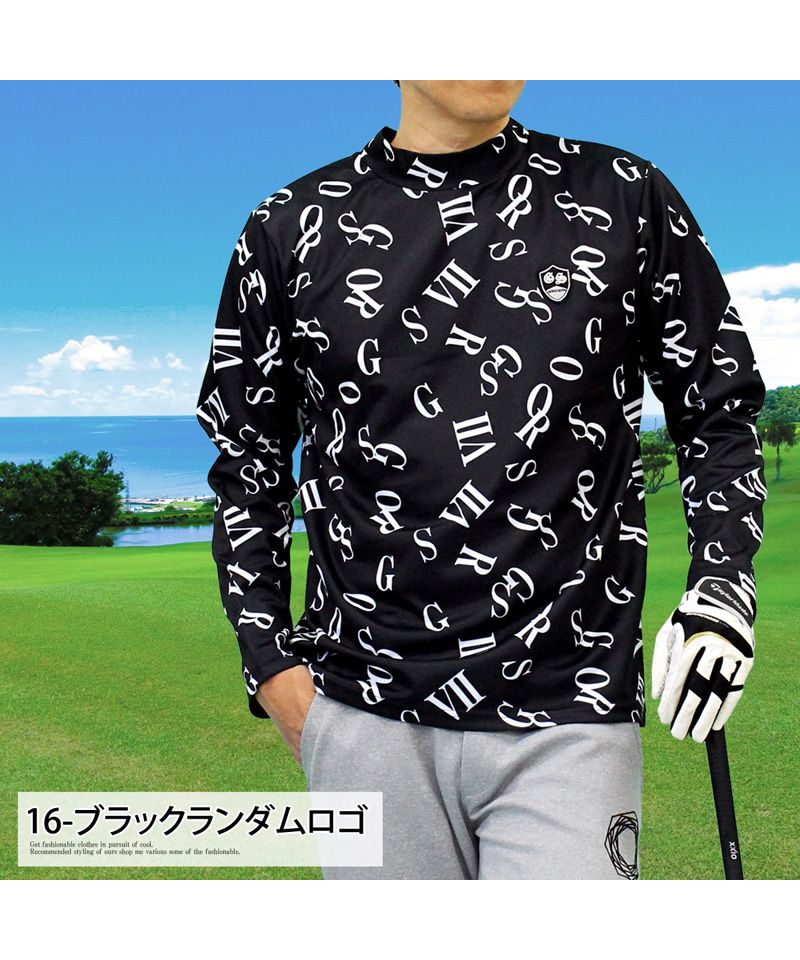 トップイズム TopIsm ゴルフウェア モックネックシャツ メンズ GIORNO SEVEN ジョルノセブン ハイネックTシャツ 長袖 総柄 ロゴ ストレッチ 吸湿速乾ドライ 春夏 秋冬