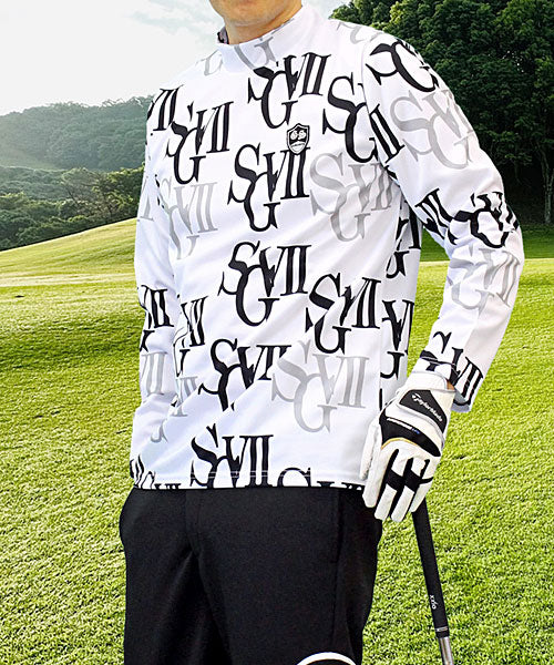 トップイズム TopIsm ゴルフウェア モックネックシャツ メンズ GIORNO SEVEN ジョルノセブン ハイネックTシャツ 長袖 総柄 ロゴ ストレッチ 吸湿速乾ドライ 春夏 秋冬,11-ホワイトローマ数字