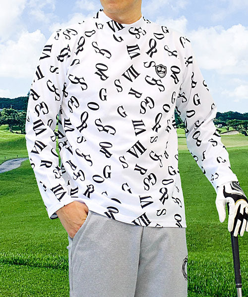 トップイズム TopIsm ゴルフウェア モックネックシャツ メンズ GIORNO SEVEN ジョルノセブン ハイネックTシャツ 長袖 総柄 ロゴ ストレッチ 吸湿速乾ドライ 春夏 秋冬 （15-ホワイトランダムロゴ） 15-ホワイトランダムロゴ