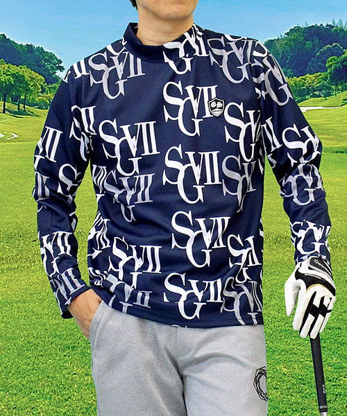 トップイズム TopIsm ゴルフウェア モックネックシャツ メンズ GIORNO SEVEN ジョルノセブン ハイネックTシャツ 長袖 総柄 ロゴ ストレッチ 吸湿速乾ドライ 春夏 秋冬,12-ネイビーローマ数字