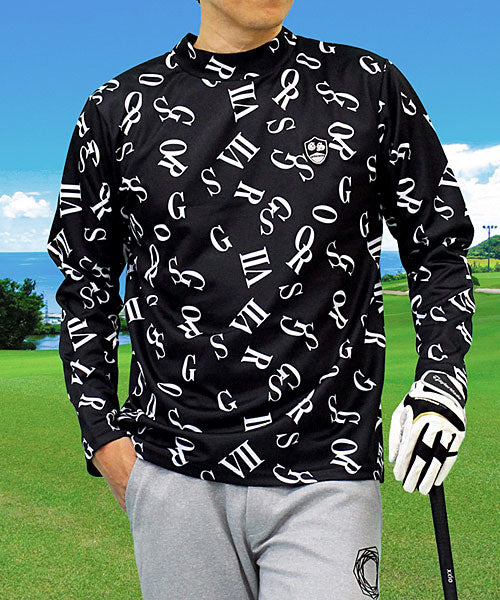 トップイズム TopIsm ゴルフウェア モックネックシャツ メンズ GIORNO SEVEN ジョルノセブン ハイネックTシャツ 長袖 総柄 ロゴ ストレッチ 吸湿速乾ドライ 春夏 秋冬 （16-ブラックランダムロゴ） 16-ブラックランダムロゴ
