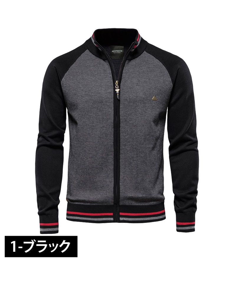 トップイズム TopIsm ゴルフウェア メンズ ニット セーター ゴルフ フルジップアップ 長袖 ニットジャケット トップス リブカラーライン 配色切替 無地 スポーツ 秋冬