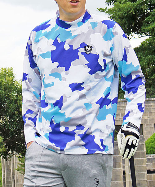 トップイズム TopIsm ゴルフウェア モックネックシャツ メンズ GIORNO SEVEN ジョルノセブン ハイネックTシャツ 長袖 総柄 ロゴ ストレッチ 吸湿速乾ドライ 春夏 秋冬 （6-ブルーカモフラ） 6-ブルーカモフラ