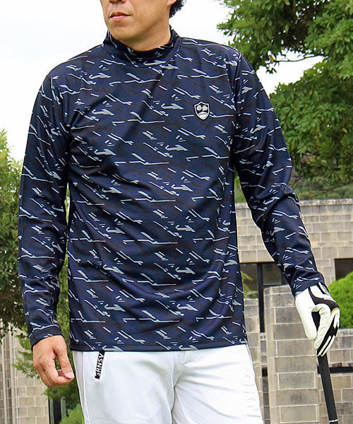トップイズム TopIsm ゴルフウェア モックネックシャツ メンズ GIORNO SEVEN ジョルノセブン ハイネックTシャツ 長袖 総柄 ロゴ ストレッチ 吸湿速乾ドライ 春夏 秋冬 （4-ネイビー幾何学） 4-ネイビー幾何学