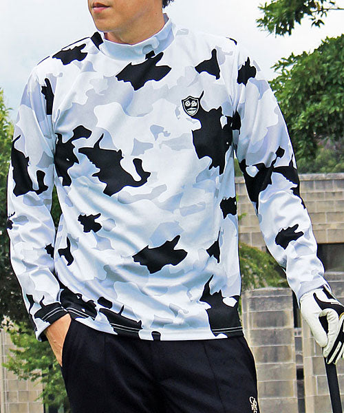 トップイズム TopIsm ゴルフウェア モックネックシャツ メンズ GIORNO SEVEN ジョルノセブン ハイネックTシャツ 長袖 総柄 ロゴ ストレッチ 吸湿速乾ドライ 春夏 秋冬,5-ホワイトカモフラ