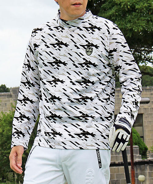 トップイズム TopIsm ゴルフウェア モックネックシャツ メンズ GIORNO SEVEN ジョルノセブン ハイネックTシャツ 長袖 総柄 ロゴ ストレッチ 吸湿速乾ドライ 春夏 秋冬 （3-ホワイト幾何学） 3-ホワイト幾何学