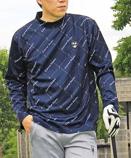 トップイズム TopIsm ゴルフウェア モックネックシャツ メンズ GIORNO SEVEN ジョルノセブン ハイネックTシャツ 長袖 総柄 ロゴ ストレッチ 吸湿速乾ドライ 春夏 秋冬,7-ネイビー筆記体ロゴ
