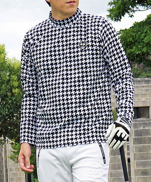 トップイズム TopIsm ゴルフウェア モックネックシャツ メンズ GIORNO SEVEN ジョルノセブン ハイネックTシャツ 長袖 総柄 ロゴ ストレッチ 吸湿速乾ドライ 春夏 秋冬,9-ブラック千鳥格子