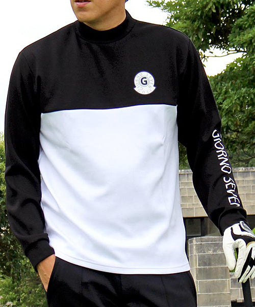 トップイズム TopIsm ゴルフ モックネックシャツ ハイネックTシャツ メンズ ゴルフウェア GIORNO SEVEN ジョルノセブン ストレッチ 長袖 無地 ロゴプリント 切替 ポロ （3-ブラックホワイト） 3-ブラックホワイト