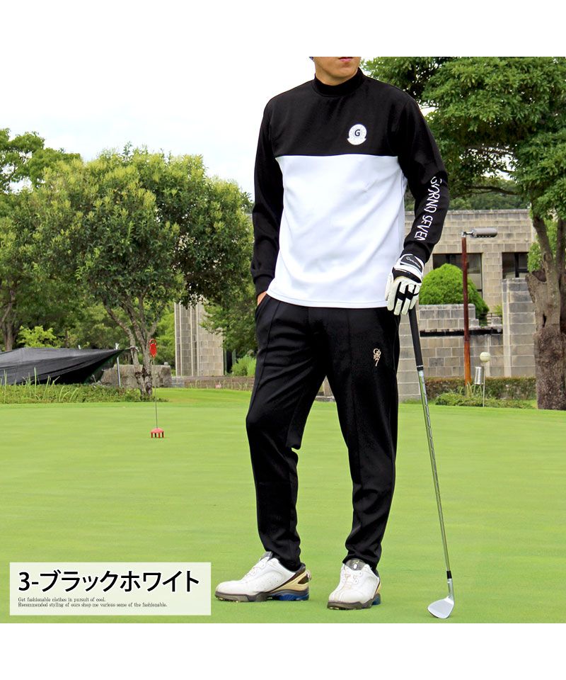 トップイズム TopIsm ゴルフ モックネックシャツ ハイネックTシャツ メンズ ゴルフウェア GIORNO SEVEN ジョルノセブン ストレッチ 長袖 無地 ロゴプリント 切替 ポロ （3-ブラックホワイト） 3-ブラックホワイト