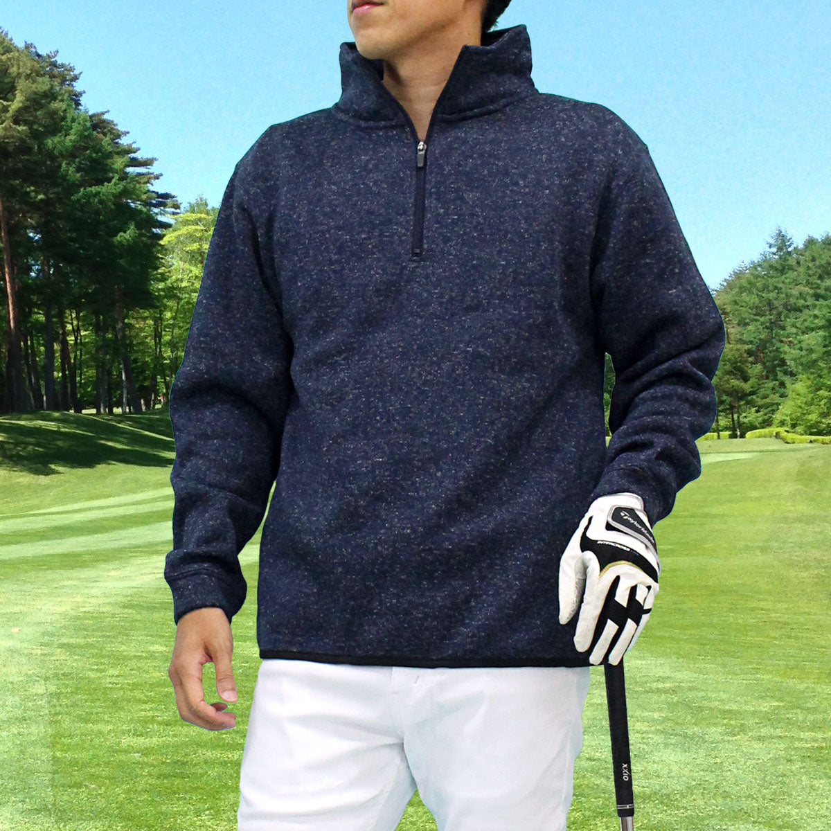 トップイズム TopIsm ゴルフ ハーフジップトレーナー メンズ ゴルフウェア 暖かい裏起毛 ニットフリース セーター トップス ハイネック プルオーバー スタンドネック,4-ネイビー杢