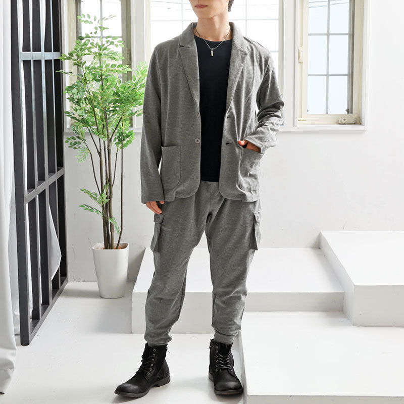 トップイズム TopIsm セットアップ メンズ スウェット 無地 テーラードジャケット テーパードパンツ カーゴパンツ  ジョガーパンツ ストレッチ 上下セット （6-グレーカーゴ） 6-グレーカーゴ