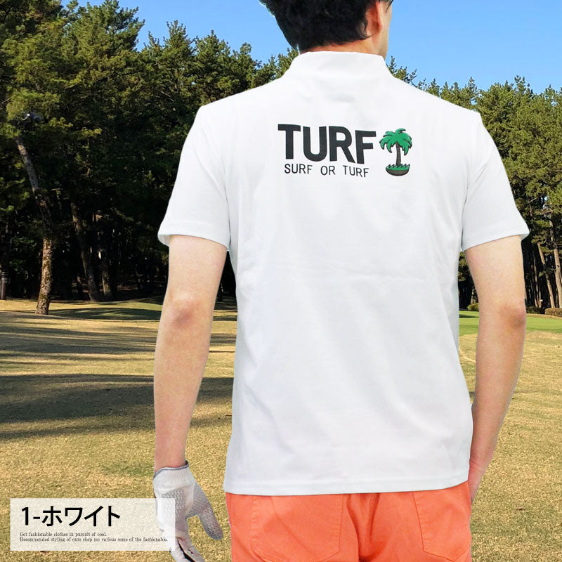 トップイズム TopIsm ゴルフウェア モックネックシャツ メンズ GIORNO SEVEN ジョルノセブン ハイネック ゴルフ 接触冷感 ストレッチ 半袖 ヤシの木 ロゴプリント トップス ポロシャツ Tシャツ 春夏 （1-ホワイト） 1-ホワイト
