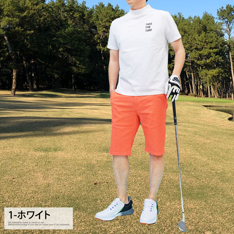 トップイズム TopIsm ゴルフウェア モックネックシャツ メンズ GIORNO SEVEN ジョルノセブン ハイネック ゴルフ 接触冷感 ストレッチ 半袖 ヤシの木 ロゴプリント トップス ポロシャツ Tシャツ 春夏 （1-ホワイト） 1-ホワイト