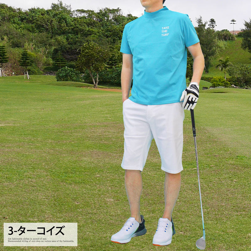 トップイズム TopIsm ゴルフウェア モックネックシャツ メンズ GIORNO SEVEN ジョルノセブン ハイネック ゴルフ 接触冷感 ストレッチ 半袖 ヤシの木 ロゴプリント トップス ポロシャツ Tシャツ 春夏 （1-ホワイト） 1-ホワイト