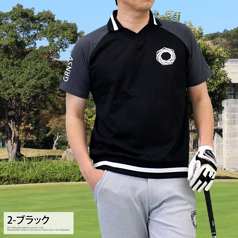 トップイズム TopIsm ゴルフウェア Vネック襟 ポロシャツ メンズ GIORNO SEVEN ジョルノセブン ゴルフ 接触冷感 ストレッチ 半袖 ライン切替 トップス 春夏 （2-ブラック） 2-ブラック