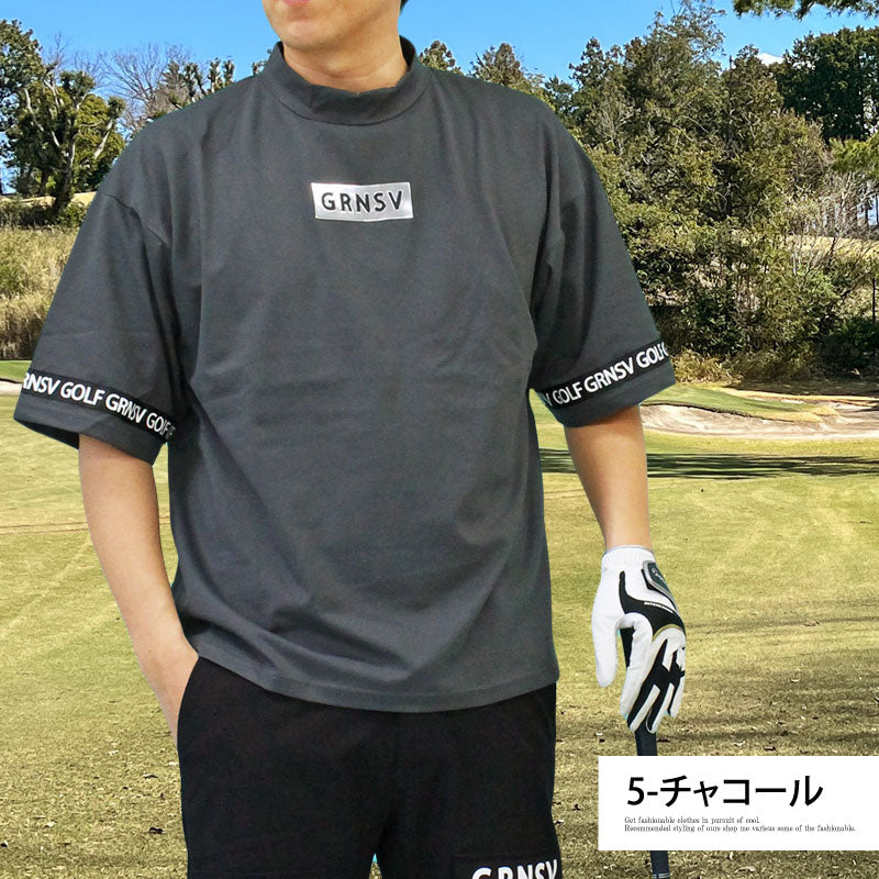 トップイズム TopIsm ゴルフウェア モックネックシャツ メンズ GIORNO SEVEN ジョルノセブン ハイネック ゴルフ 接触冷感 ワイドシルエット 半袖 シルバーロゴプリント トップス 春夏 （5-チャコール） 5-チャコール