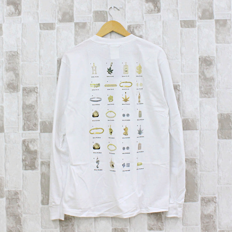 トップイズム TopIsm HUF ハフ ジュエリーロングスリーブバックプリントTシャツ クルーネック ロゴ プリント コットン ロンT カットソー トップス 長袖 Tシャツ メンズ ストリート スケボー ブランド （1-ホワイト） 1-ホワイト
