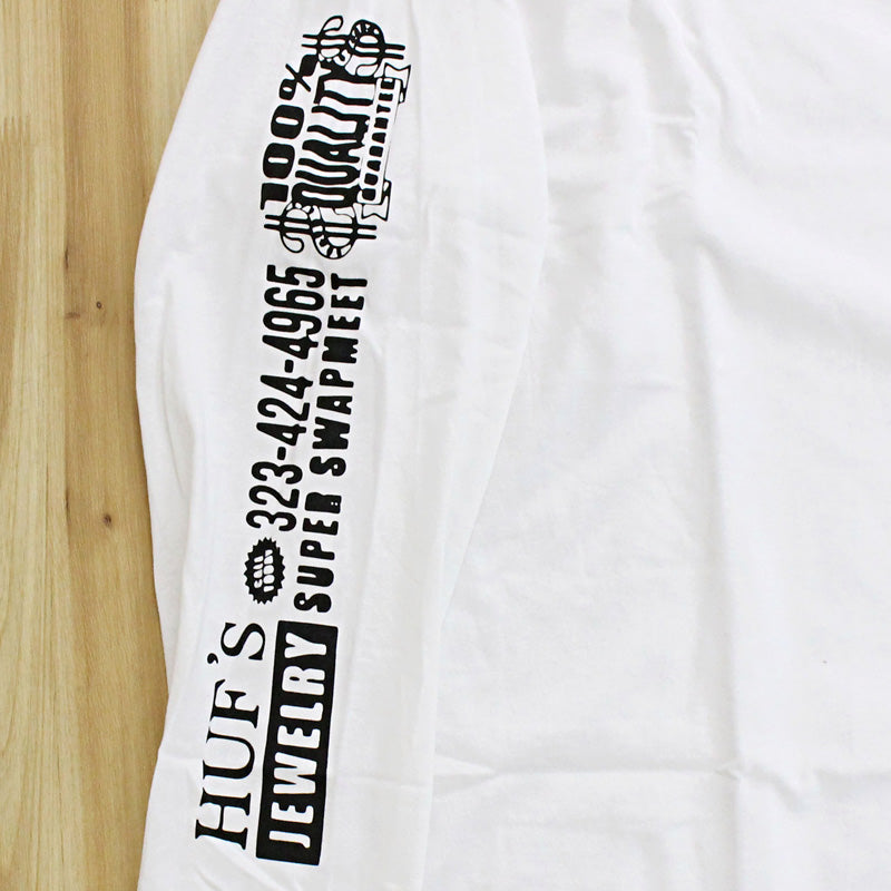 トップイズム TopIsm HUF ハフ ジュエリーロングスリーブバックプリントTシャツ クルーネック ロゴ プリント コットン ロンT カットソー トップス 長袖 Tシャツ メンズ ストリート スケボー ブランド （1-ホワイト） 1-ホワイト