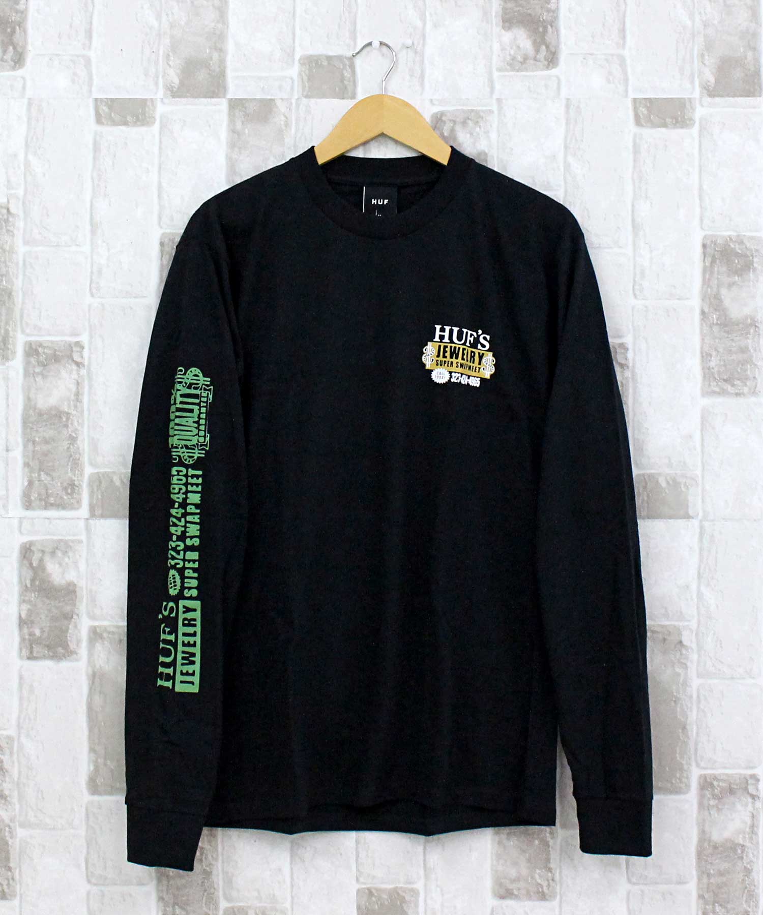トップイズム TopIsm HUF ハフ ジュエリーロングスリーブバックプリントTシャツ クルーネック ロゴ プリント コットン ロンT カットソー トップス 長袖 Tシャツ メンズ ストリート スケボー ブランド （2-ブラック） 2-ブラック