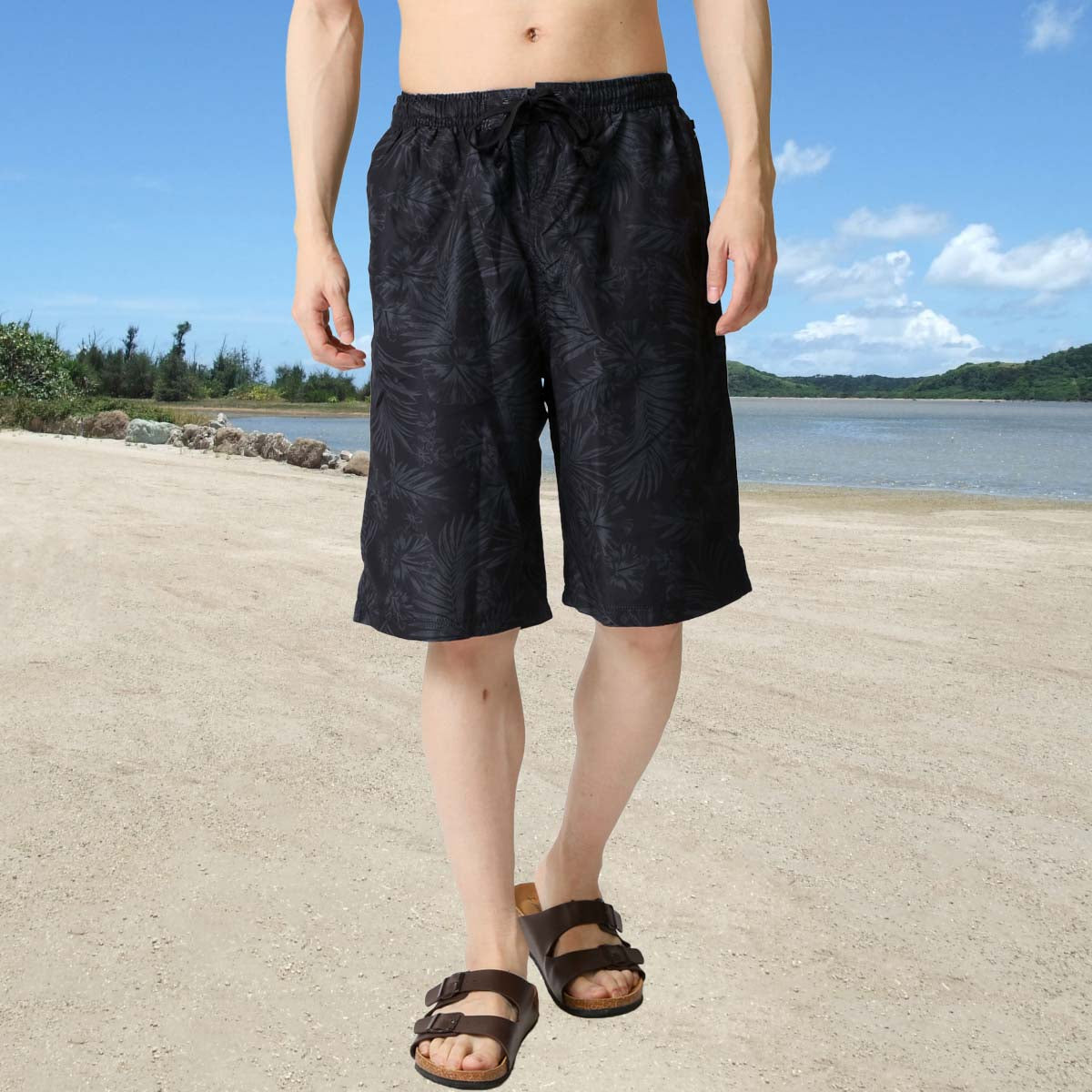 トップイズム TopIsm 水着 メンズ サーフパンツ 水陸両用 インナーパンツ付 海パン 海水パンツ 総柄 ボタニカル柄 スイムウェア 水泳 スポーツ 男性用 ショートパンツ キャンプ アウトドア 夏 【返品不可商品】 （2-ブラック(3032)） 2-ブラック(3032)