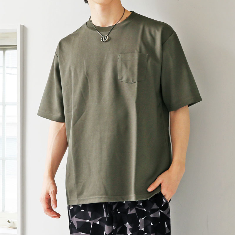 トップイズム TopIsm 半袖 Tシャツ メンズ 吸水速乾 ストレッチ ビッグシルエット オーバーサイズ ポケット付 クルーネック 無地 カットソー 男女兼用 ユニセックス トップス （4-カーキ） 4-カーキ