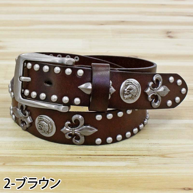 トップイズム TopIsm ベルト メンズ 本革 レザー ウエスタン スタッズベルト スカル コンチョ 牛革 花柄 百合 紋章 男女兼用 メンズファッション メンズベルト メンズ （2-ブラウン） 2-ブラウン