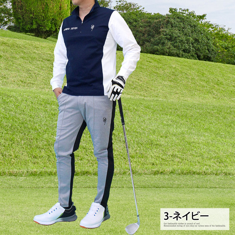 トップイズム TopIsm ゴルフウェア メンズ ハーフジップ モックネックシャツ  GIORNO SEVEN ジョルノセブン ハイネック トップス 長袖 ポロシャツ 切替カラー ブランド おしゃれ 春夏 秋冬 （4-チャコール） 4-チャコール