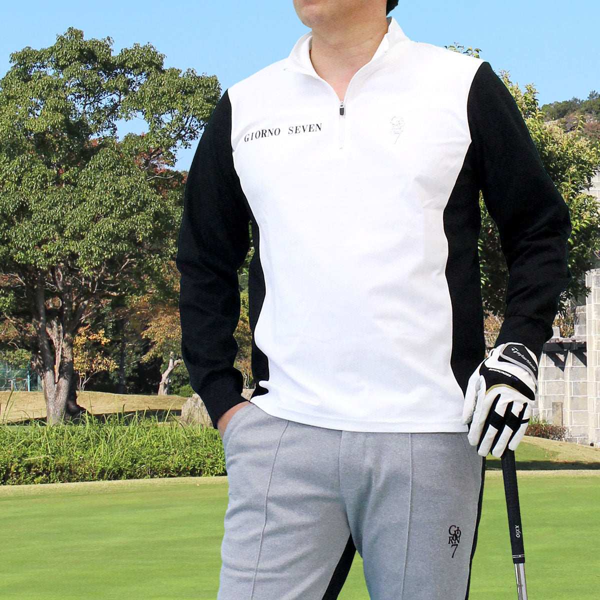 トップイズム TopIsm ゴルフウェア メンズ ハーフジップ モックネックシャツ  GIORNO SEVEN ジョルノセブン ハイネック トップス 長袖 ポロシャツ 切替カラー ブランド おしゃれ 春夏 秋冬 （1-ホワイト） 1-ホワイト
