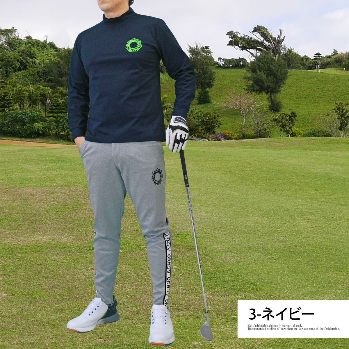 トップイズム TopIsm ゴルフウェア メンズ モックネックシャツ GIORNO SEVEN ジョルノセブン 長袖 ハイネック トップス ポロシャツ ロゴバックプリント ストレッチ おしゃれ 春夏 秋冬 （3-ネイビー） 3-ネイビー