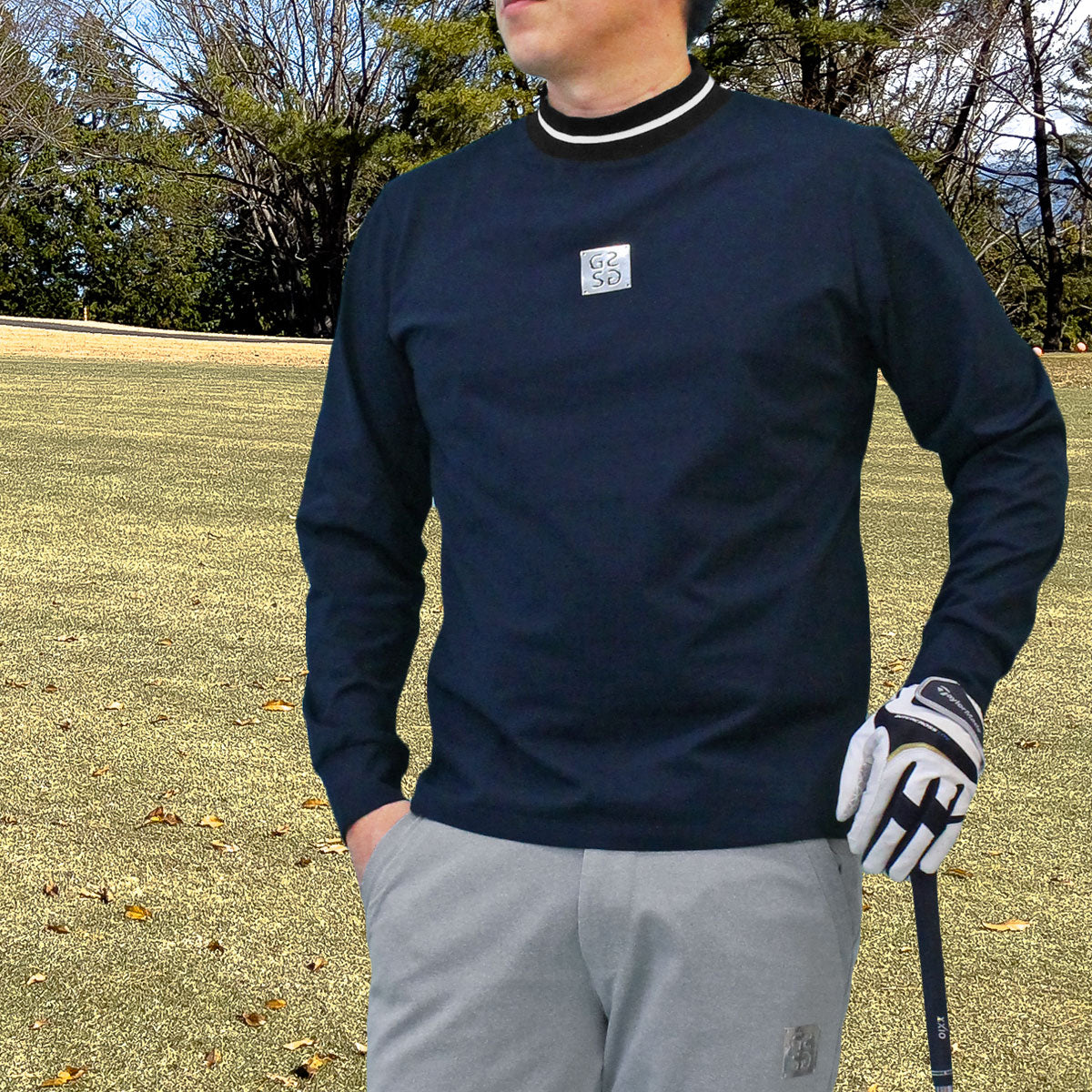 トップイズム TopIsm ゴルフウェア メンズ モックネックシャツ GIORNO SEVEN ジョルノセブン 長袖 ハイネック トップス ポロシャツ シルバーロゴ 首ライン ストレッチ おしゃれ 春夏 秋冬 （3-ネイビー） 3-ネイビー