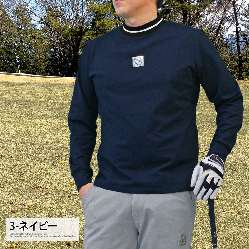 トップイズム TopIsm ゴルフウェア メンズ モックネックシャツ GIORNO SEVEN ジョルノセブン 長袖 ハイネック トップス ポロシャツ シルバーロゴ 首ライン ストレッチ おしゃれ 春夏 秋冬 （3-ネイビー） 3-ネイビー