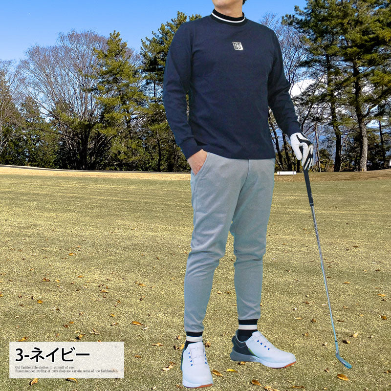 トップイズム TopIsm ゴルフウェア メンズ モックネックシャツ GIORNO SEVEN ジョルノセブン 長袖 ハイネック トップス ポロシャツ シルバーロゴ 首ライン ストレッチ おしゃれ 春夏 秋冬 （3-ネイビー） 3-ネイビー