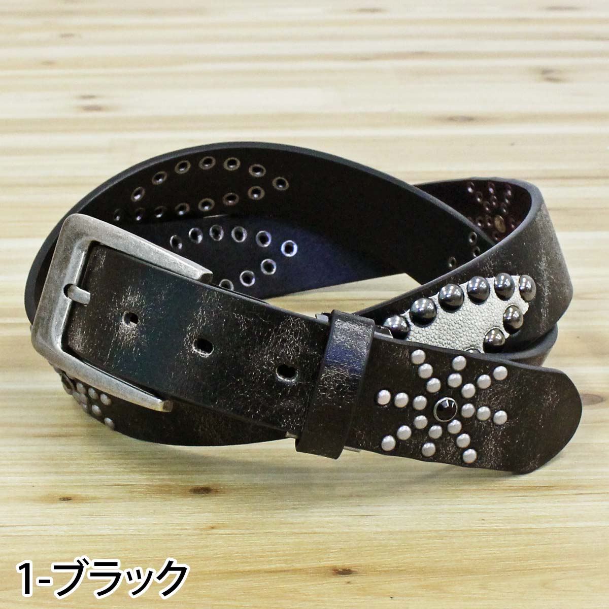 トップイズム TopIsm ベルト メンズ アンティーク加工 メタルスタッズ レザーベルト 本革 牛革 男女兼用 （2-ブラック） 2-ブラック